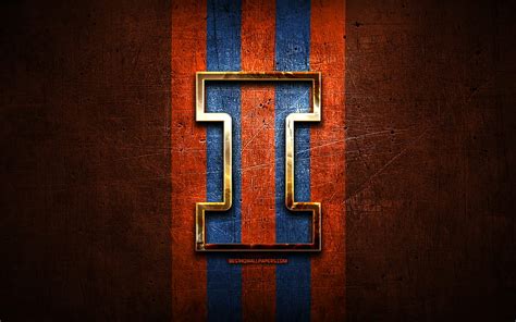 Illinois Fighting Illini, golden logo, NCAA, orange metal background ...