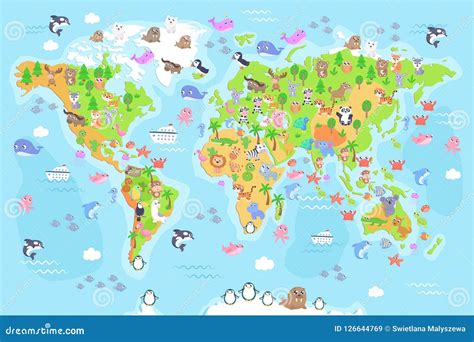 Vector Illustration of World Map with Animals for Kids. Stock ...