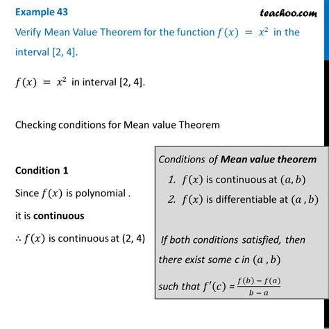 Verify Mean Value Theorem for f(x) = x^2 in interval [2, 4] - Teachoo