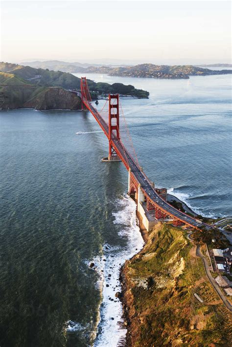 Aerial view of Golden Gate Bridge over San Francisco Bay stock photo