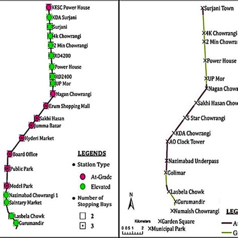 Green Line route map with stations (left) and intersections (right ...