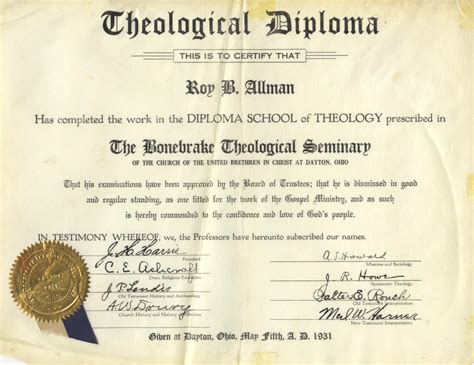 Theological Diploma from The Bonebrake Theological Seminary to Roy B ...