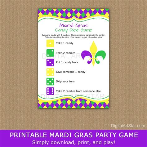 Mardi gras candy dice game pass the candy game printable mardi gras ...