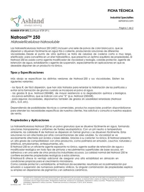 Natrosol 250 HHBR | PDF | Solubilidad | Suspensión (Química)