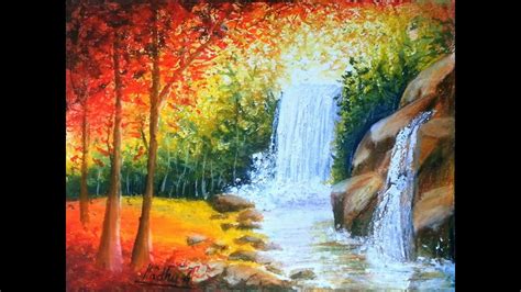 Easy Scenery Waterfall Sunset Nature Drawing - Drawing a scenery of ...