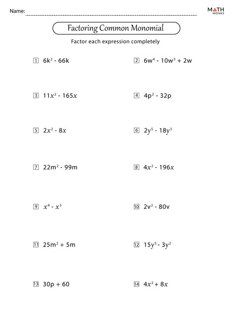 Pre-Algebra Monomials And Polynomials Worksheets Factoring ...