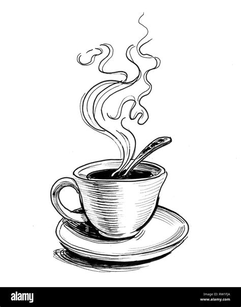 Hot cup of tea on a saucer. Ink black and white drawing Stock Photo - Alamy