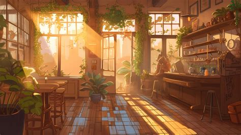 A cozy coffee shop with warm atmosphere, bright sunshine, plants, anime ...