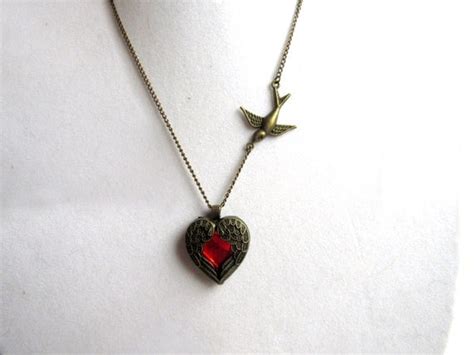 Broken Heart Necklace Sheltered By Angel Wings Red Rhinestone