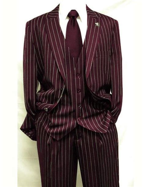 Mens 2 Button Vested 3 Piece Gangster Bold Pinstripe Suit in Burgundy ...