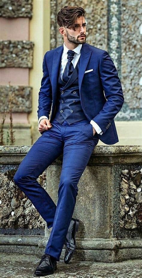 Men Blue 3 Piece Business Summer Suit Slim Fit One Button Bespoke Party ...