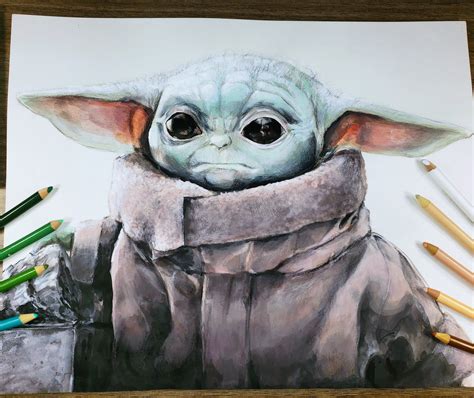 Here's my drawing of Baby Yoda. 11x14, colored pencil and acrylic paint ...