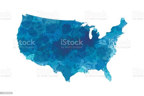 Usa Watercolor Map Vector Illustration Using Blue Color Paint On White ...