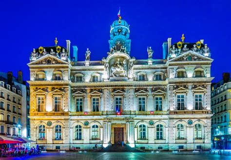 Night View of Illuminated Town Hall in Lyon, France Editorial Photo ...