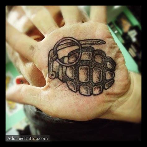 Dotwork Hand Grenade Palm Tattoo | Adorned Tattoo