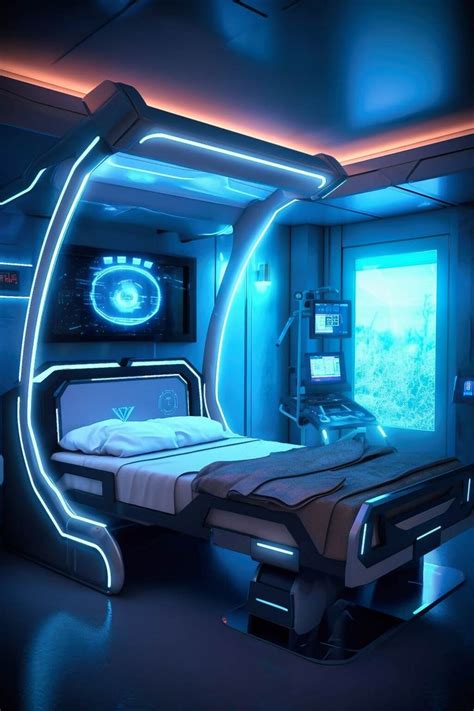 a futuristic hospital room with neon lights