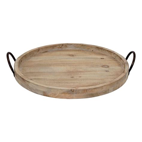 Round Wooden Tray with Metal Handles, 19.5"