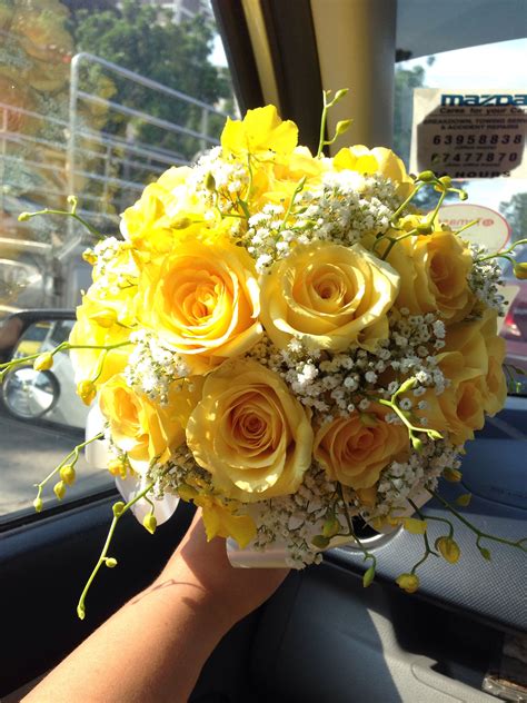 Yellow roses, baby's breath & dancing lady orchid bridal bouquet For ...