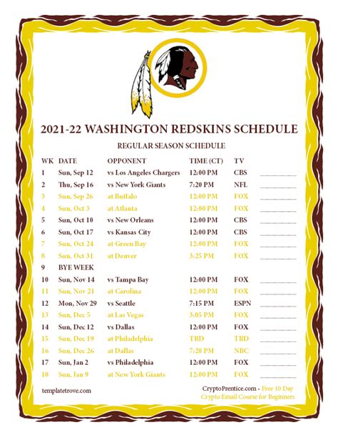 Printable 2021-2022 Washington Redskins Schedule