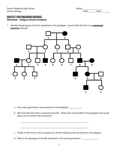 Answer Key Pedigree Worksheet : Genetics Pedigree Worksheet Answer Key ...