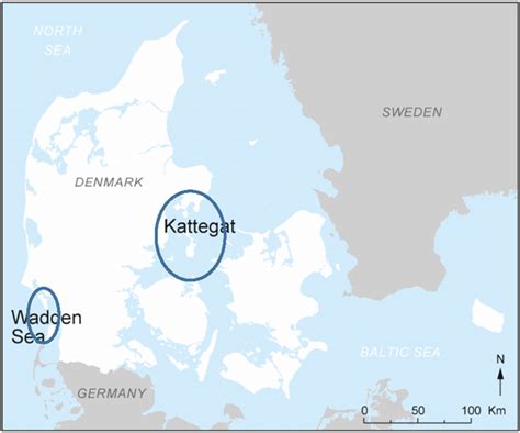 Map showing Denmark with the two regions, Kattegat and the Wadden Sea ...