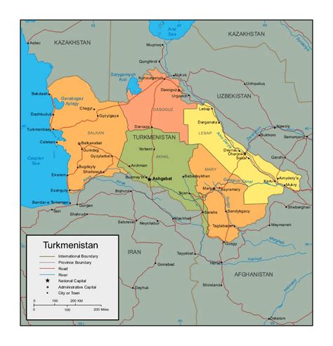 Political and administrative map of Turkmenistan with roads and cities ...