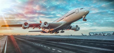 Airplane taking off from the airport. Stock Photo | Adobe Stock