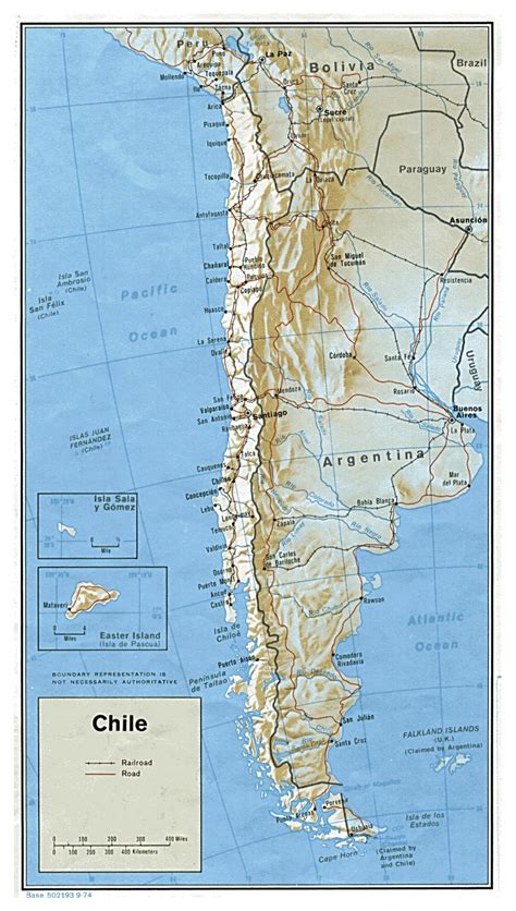 Large political map of Chile with relief, roads and major cities - 1974 ...