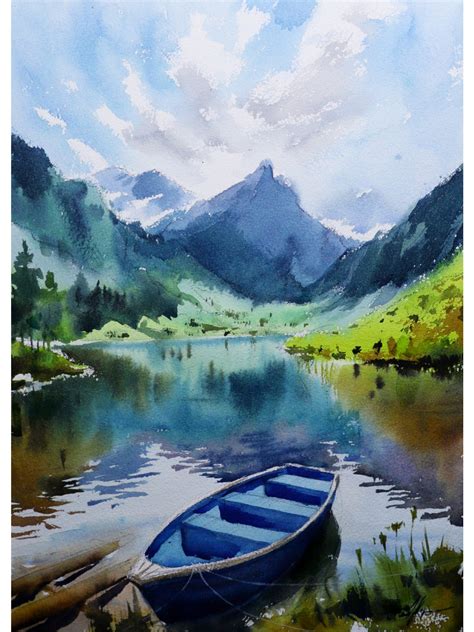 Boat on The Lake | Landscape View | Watercolor Painting by Achintya ...