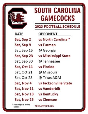 Printable 2023 South Carolina Gamecocks Football Schedule