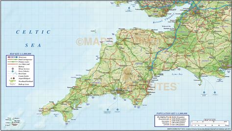 South West England County Road & Rail Map with Regular relief @1m scale ...