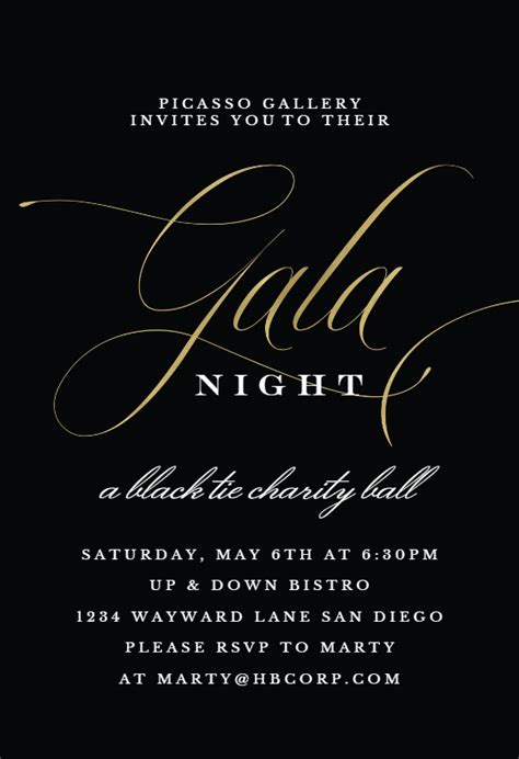 a black and gold party card with the words gala night written in ...