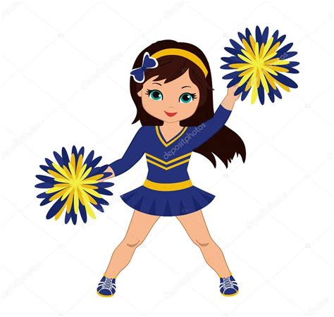 Cheerleader in blue and yellow uniform with Pom Poms. Vector ...