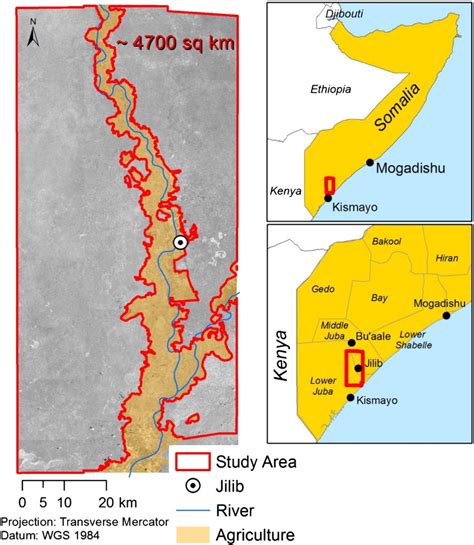 Study area on the east and west of the Juba River. A central strip of ...