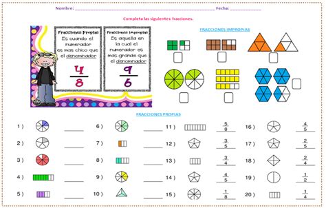 Fichas de Primaria: Fracciones propias e impropias