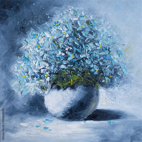 Original oil painting on canvas - A bouquet of blue flowers in a white ...