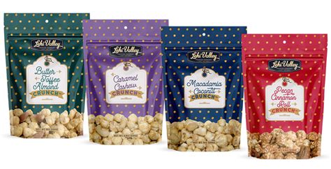 Our gourmet popcorn flavors shown in their bags