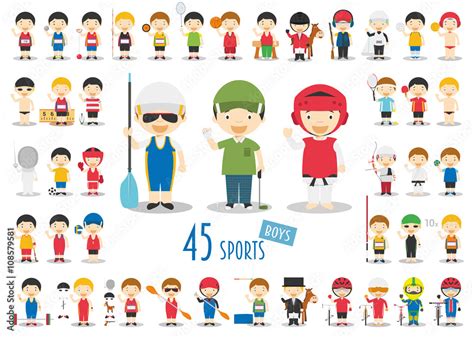 Big Set of 45 cute cartoon sport characters for kids. Funny cartoon ...