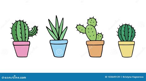 Cute cactus in pot set stock vector. Illustration of orange - 103649139