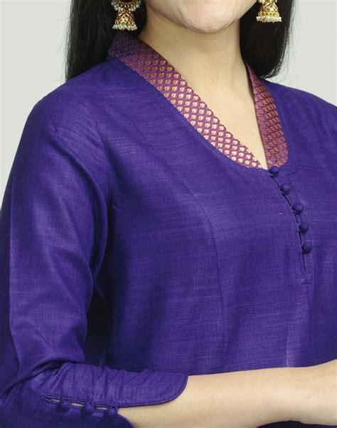 Fabindia.com | Silk Matka Brocade Trim Long Kurta: | Kurti neck designs ...