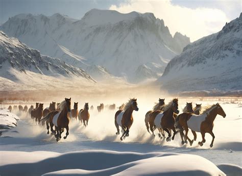 Premium AI Image | Horses running in the snow