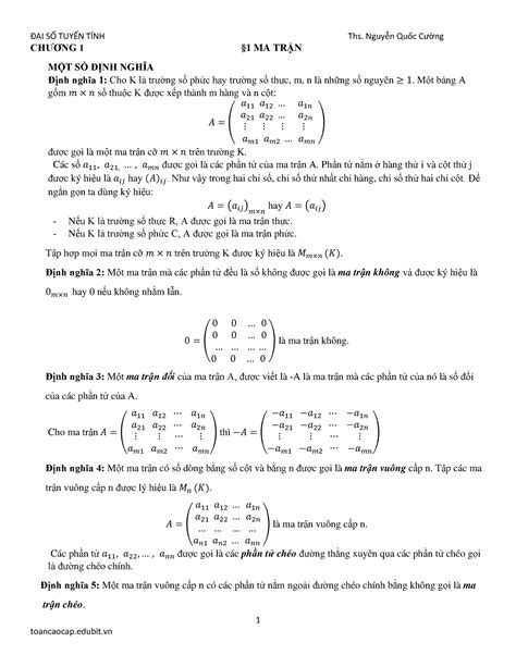 Đại số tuyến tính - Đại số tuyến tính - 1 CHƯƠNG 1 §1 MA TRẬN MỘT SỐ ...