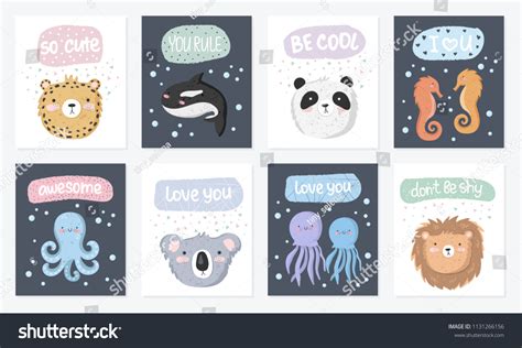 Vector Set Cute Postcards Funny Animals Stock Vector (Royalty Free ...