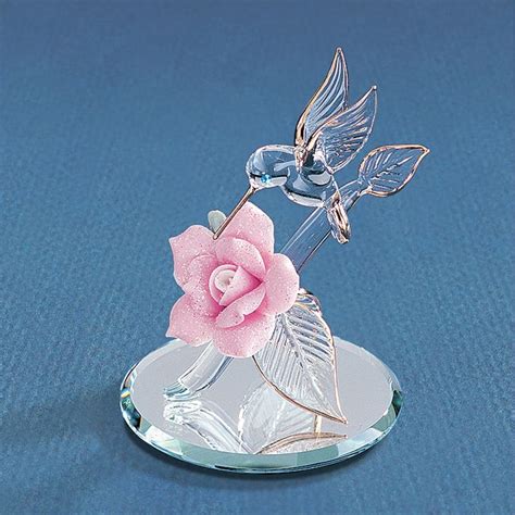 Glass Baron Small Hummingbird on Porcelain Rose Branch Glass Figurine ...