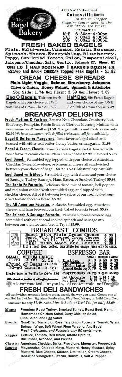 Menu at Bagel Bakery, Gainesville