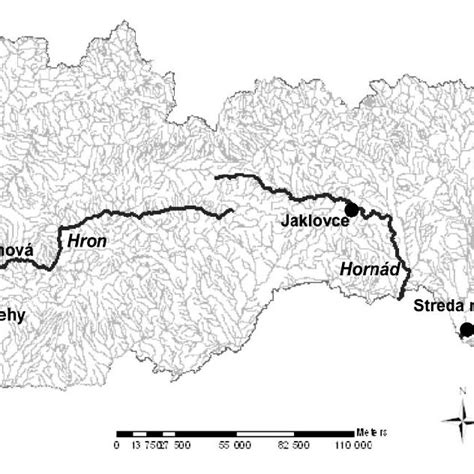 Map of Slovakia with the selected Slovak rivers and gauging stations ...