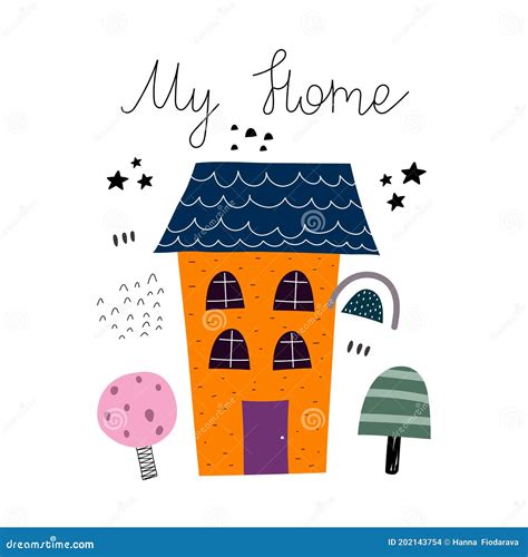 My Home. Cartoon House, Hand Drawing Lettering, Decor Elements ...