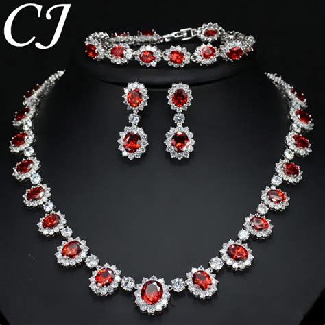 CANDICE Elegant Red Wedding Jewelry Set Micro CZ Diamond Paved Oval ...