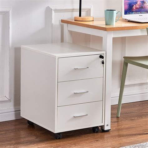 HomeSailing Office White Unit Storage Cabinet with 3 Drawers and Wheels ...