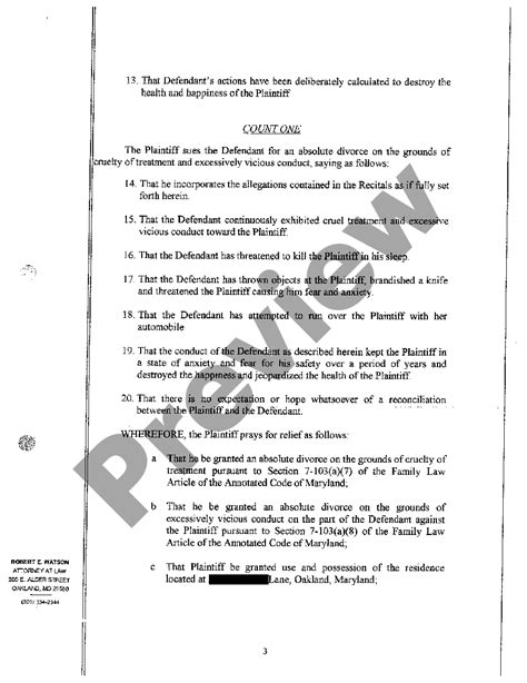 Montgomery Maryland Complaint for Absolute Divorce or in the ...